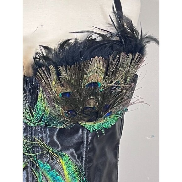 Fantasy Masquerade Peacock Feather Corset Dress Burlesque Gothic Steampunk Hi Lo - Picture 2 of 16